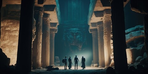 Close up movie still of a group of explorers finding ancient abandoned temple inside a huge cavern. Generative AI AIG16.