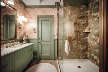 Modern cozy bathroom, classic interior design with pastel colors. Super photo realistic background, generative ai illustration