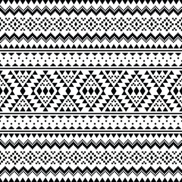 Geometric ethnic seamless pattern in Native American style. Pixel pattern with tribal Aztec motives in black and white color. Design for textile, fabric, clothing, curtain, rug, ornament, wallpaper.