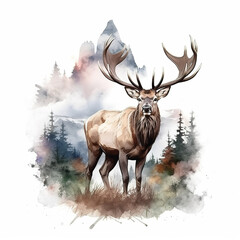 A watercolor painting of a deer standing in front of a mountain. Generative AI.