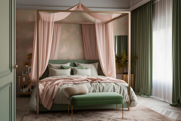 Modern cozy bedroom, classic interior design with pastel colors. Super photo realistic background, generative ai illustration