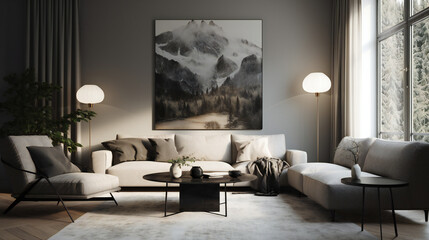Stylish Living Room Interior with Landscape Frame Poster, Modern interior design, 3D render, 3D illustration