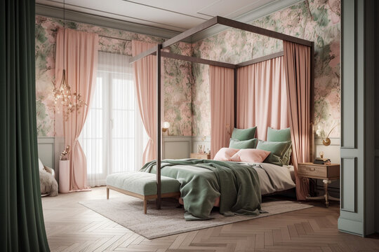 Modern cozy bedroom, classic interior design with pastel colors. Super photo realistic background, generative ai illustration