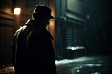 dark silhouette of a male detective in a coat and hat in the rain on a night street in the style of Noir - obrazy, fototapety, plakaty