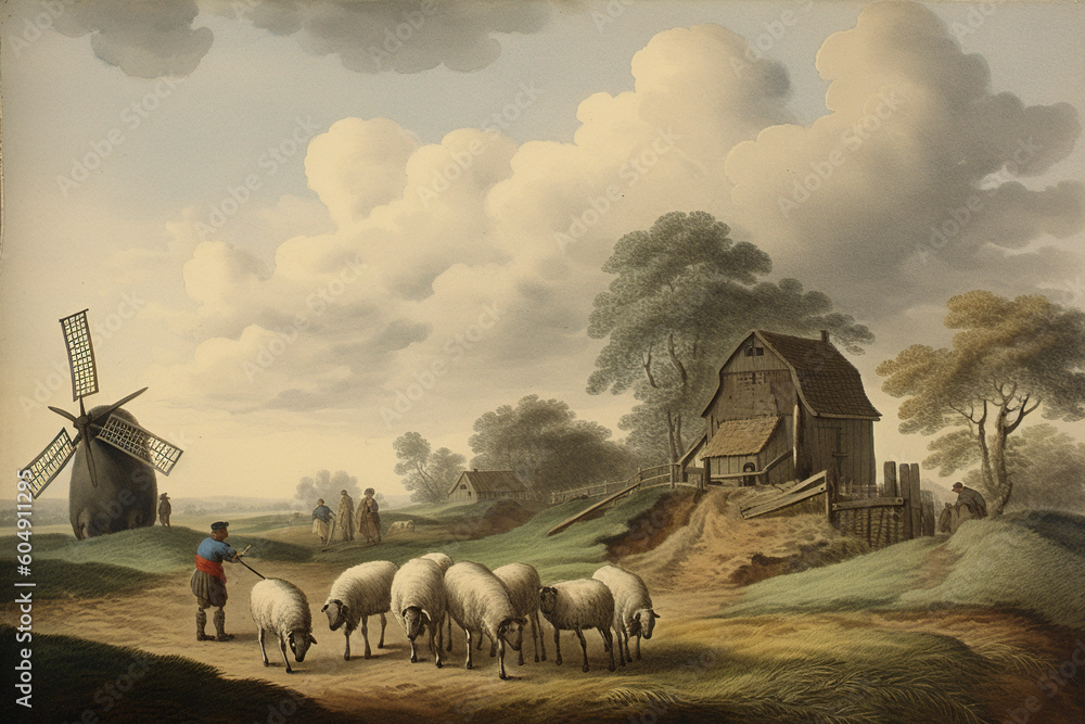 Aufkleber a painting of sheep in a field with a windmill in the background. generative ai.
