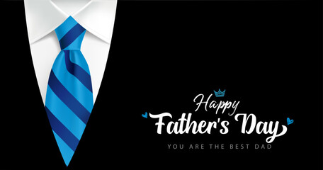Happy Fathers Day, You are the best Dad handwritten with mens suit and blue striped necktie. Father's Day banner with calligraphy on black costume background. Vector illustration - obrazy, fototapety, plakaty