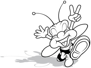 Drawing of a Laughing Bee with Hands up Showing Victory