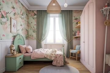 Modern cozy childrens room, classic interior design with pastel colors. Super photo realistic background, generative ai illustration