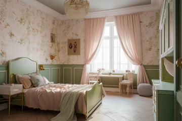 Modern cozy childrens room, classic interior design with pastel colors. Super photo realistic background, generative ai illustration