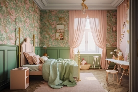 Modern cozy childrens room, classic interior design with pastel colors. Super photo realistic background, generative ai illustration