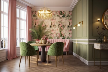 Modern cozy dining room, classic interior design with pastel colors. Super photo realistic background, generative ai illustration