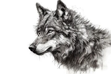 Portrait of a wild fluffy wolf on a white background, pencil drawing. Generative ai.
