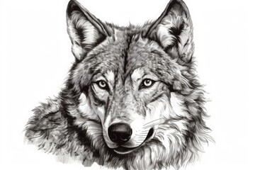 Obraz premium Hand drawing, face of a wolf on a white background. Generative ai.