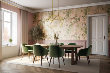 Modern cozy dining room, classic interior design with pastel colors. Super photo realistic background, generative ai illustration