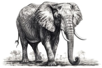 Black and white illustration of an African elephant on a white background. Generative ai.