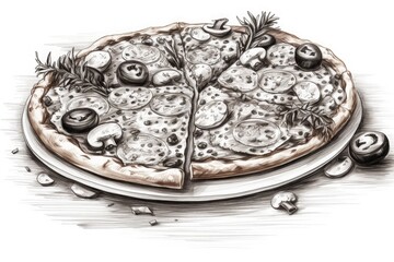 Black and white drawing of an appetizing Italian pizza. Generative ai.