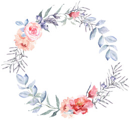 Fototapeta na wymiar Rose wreath painted in watercolor.Elegant floral collection with isolated rose, flower arrangements of roses, hand drawn watercolor.Design for invitation, wedding or greeting cards.