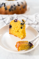 Lemon blueberry bundt cake with powdered sugar dusting