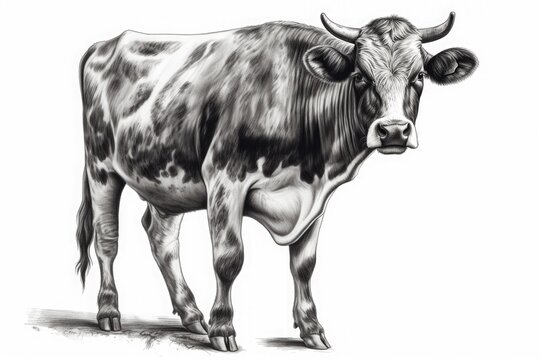 Drawing of a black cow on a white background. Generative ai.