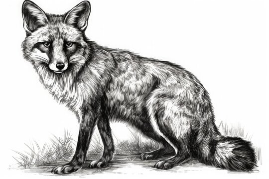 Wild fluffy fox isolated on white background pencil drawing. Generative ai.