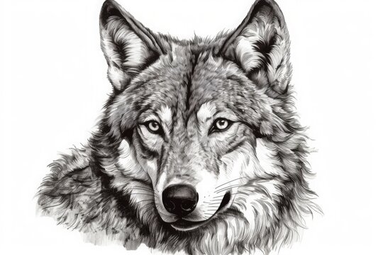 Hand drawing, face of a wolf on a white background. Generative ai.