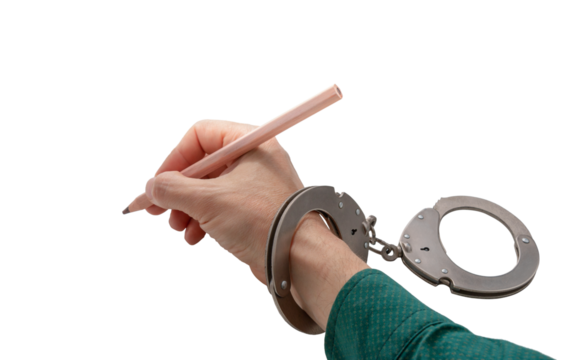 Hand in handcuffs fill out protocol, confession. Arrest, bail, criminal case, pencil drawing, freedom concept, cut out