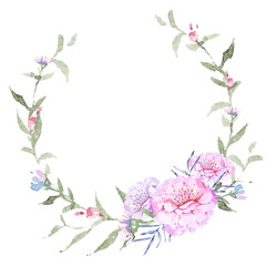 Fototapeta na wymiar Rose wreath painted in watercolor.Elegant floral collection with flower arrangements of roses, hand drawn watercolor.Design for invitation, wedding or greeting cards.