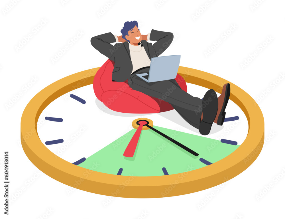 Poster efficient time management vector concept with relaxed man lying on giant clock with laptop symbolize