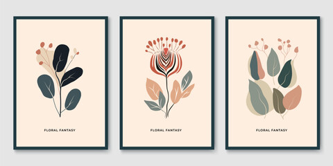 Abstract floral posters in vector flat design. Botanical wall art background with plants, flowers and leaves. Modern minimalist patterns with simple graphic shapes.