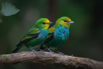 Fototapeta na wymiar Cute birds, Beautiful tanager Blue-naped Chlorophonia Chlorophonia cyanea exotic tropical green songbird from Colombia, Wildlife from South America, Birdwatching in Colombia, Two animals on branch,