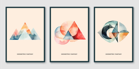 Abstract geometric posters in vector watercolor painting design. Wall art background with triangles, circles and squares. Modern minimalist patterns with simple graphic shapes.