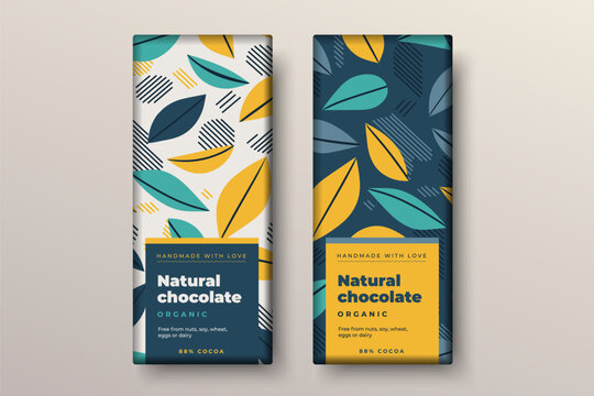 Organic dark and milk chocolate bar design. Creative abstract choco packaging vector mockup. Trendy luxury product branding template with label and pattern.