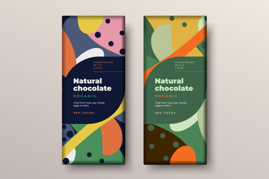 Organic dark and milk chocolate bar design. Creative abstract choco packaging vector mockup. Trendy luxury product branding template with label and pattern.