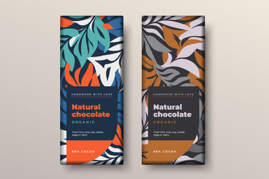 Organic dark and milk chocolate bar design. Creative abstract choco packaging vector mockup. Trendy luxury product branding template with label and pattern.