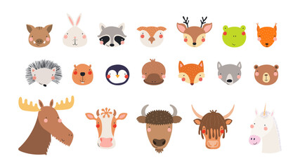 Cute funny baby animals faces illustrations set. Hand drawn cartoon characters. Scandinavian style flat design, isolated vector. Kids print elements, clipart collection, wildlife, nature, poster, card