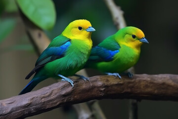 Fototapeta na wymiar Cute birds, Beautiful tanager Blue-naped Chlorophonia Chlorophonia cyanea exotic tropical green songbird from Colombia, Wildlife from South America, Birdwatching in Colombia, Two animals on branch,