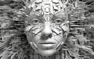 Illustration of a portrait of a woman made up of white torn paper and card board pieces created with Generative AI technology