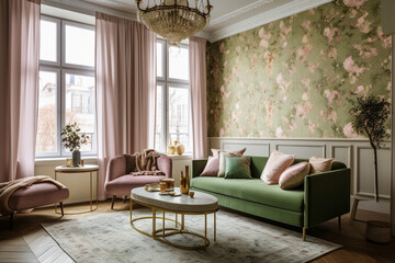 Modern cozy living room, classic interior design with pastel colors. Super photo realistic background, generative ai illustration