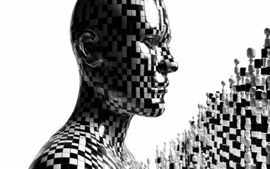 Illustration of a checkered black and white close-up portrait of a man's face created with Generative AI technology