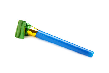 Party blue foil whistle or noise maker horn rolled isolated on white background.