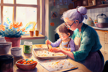A heartwarming illustration capturing the special bond between a little girl and her grandmother as they joyfully bake and make biscuits together, generative ai