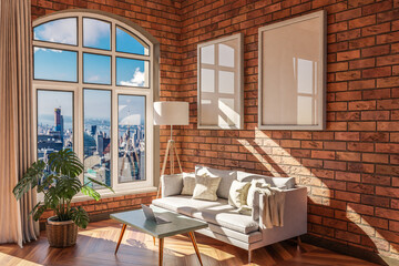 luxurious loft apartment with arched window and panoramic view over urban downtown; noble interior living room design mock up; 3D Illustration