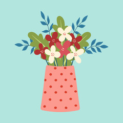 Illustration of vase with flowers. Bright blooming flowers in vase. Design element for greeting card, invitation, print, sticker. Illustration for birthday, mother's day, valentine's and woman's day.