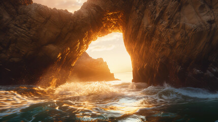 stone archway over the sea, fictional landscape made with generative ai