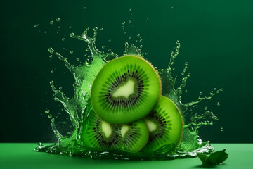 Creative layout made from Sliced of kiwi and water Splashing on a green background,