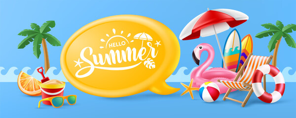 Hello Summer poster or banner template with Pink Flamingo Pool Float, Beach Chairs, Beach Umbrella,Surfboards and Summer element on blue background. Promotion and shopping template for Summer