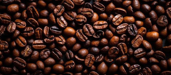Obraz premium Coffee beans. Panoramic horizontal background of roasted coffee beans. Generative AI illustration.