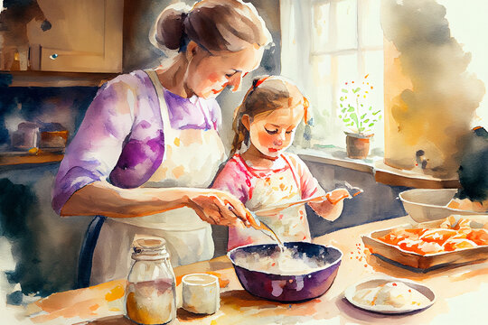 A delightful illustration depicting a little girl and her mother joyfully baking and making biscuits together, generative ai