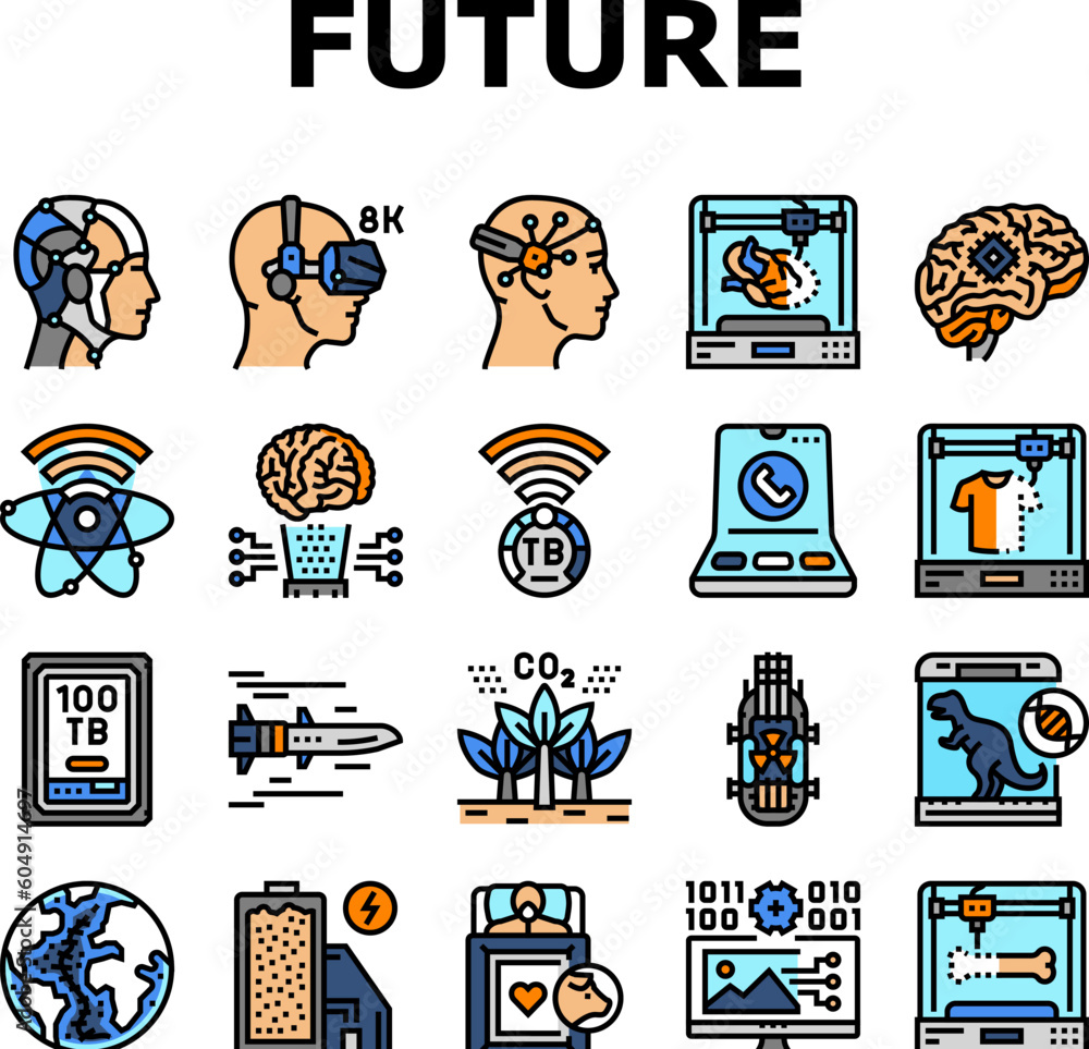 Poster future techology digita modern icons set vector. tech science, futuristic data, internet computer, c