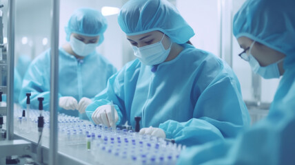 Plakat Staff in uniform check Medical vials on production line at pharmaceutical factory, Pharmaceutical machine working pharmaceutical glass bottles production, Generative AI